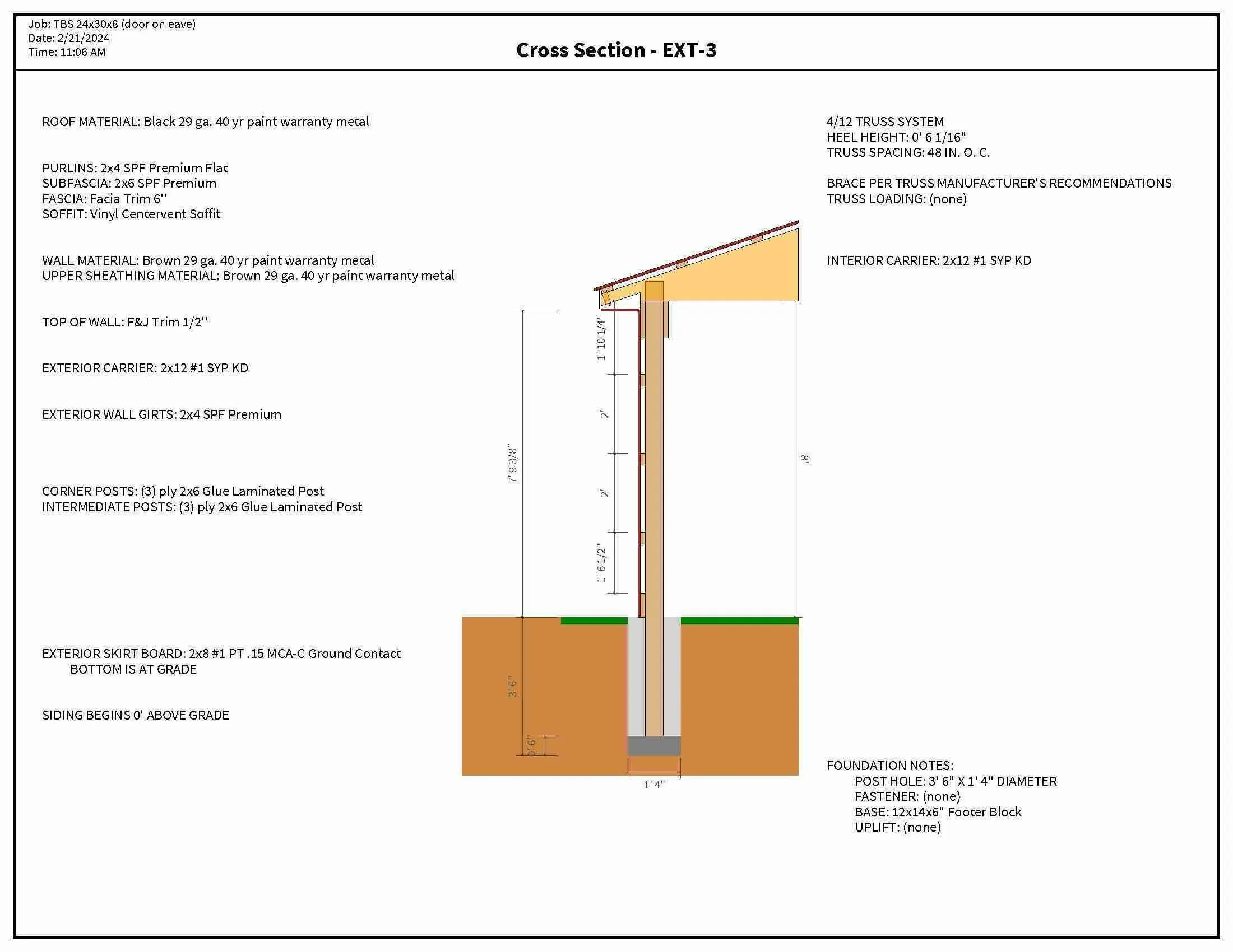 24 x 30 x 8 doors-on-eave pole barn cross section EXT-3