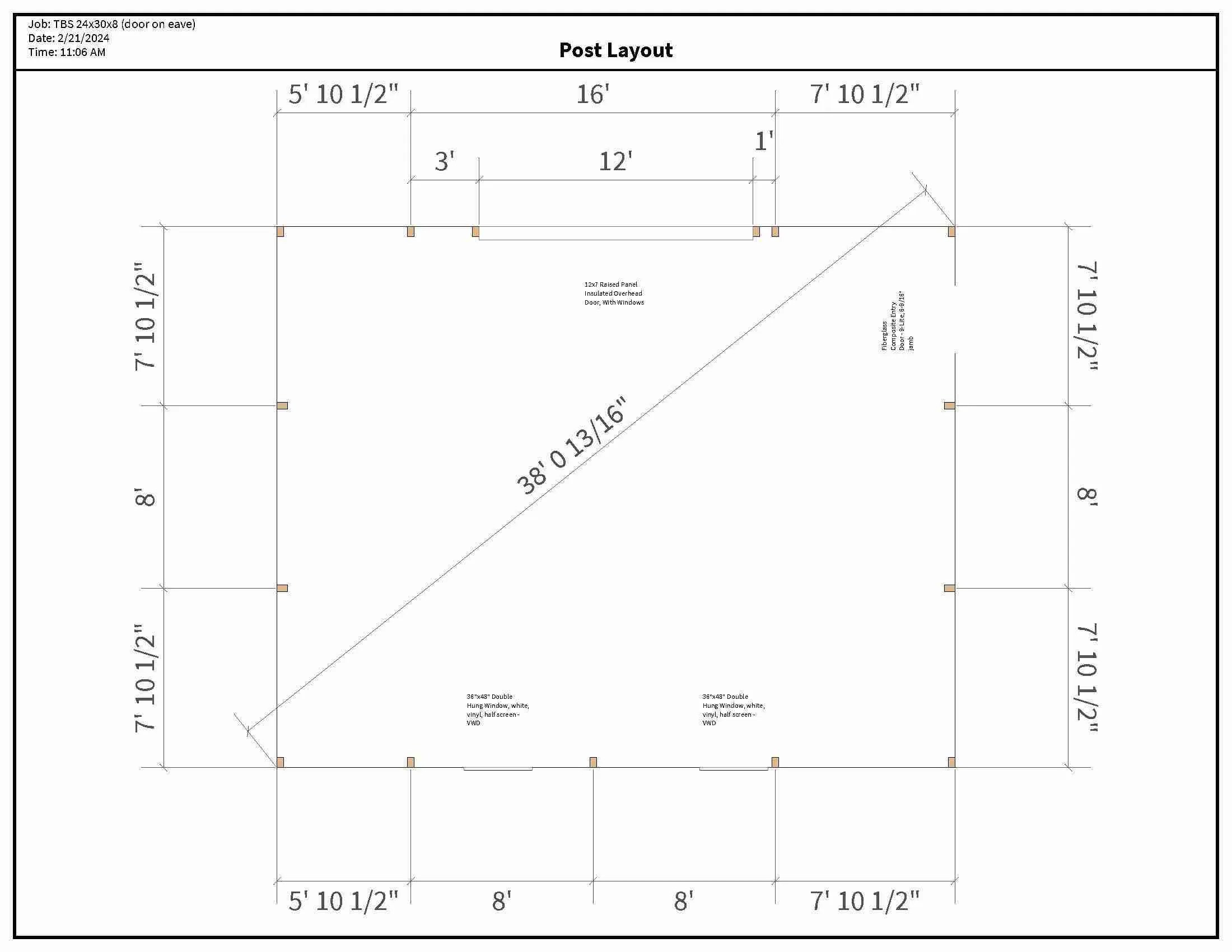 24 x 30 x 8 doors-on-eave pole barn post layout